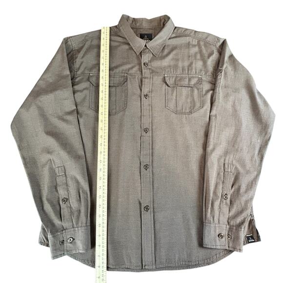 Prana Men Shirt Size XL Brown Micro Check Roll Tab Flap Pockets Button Up - Picture 8 of 10